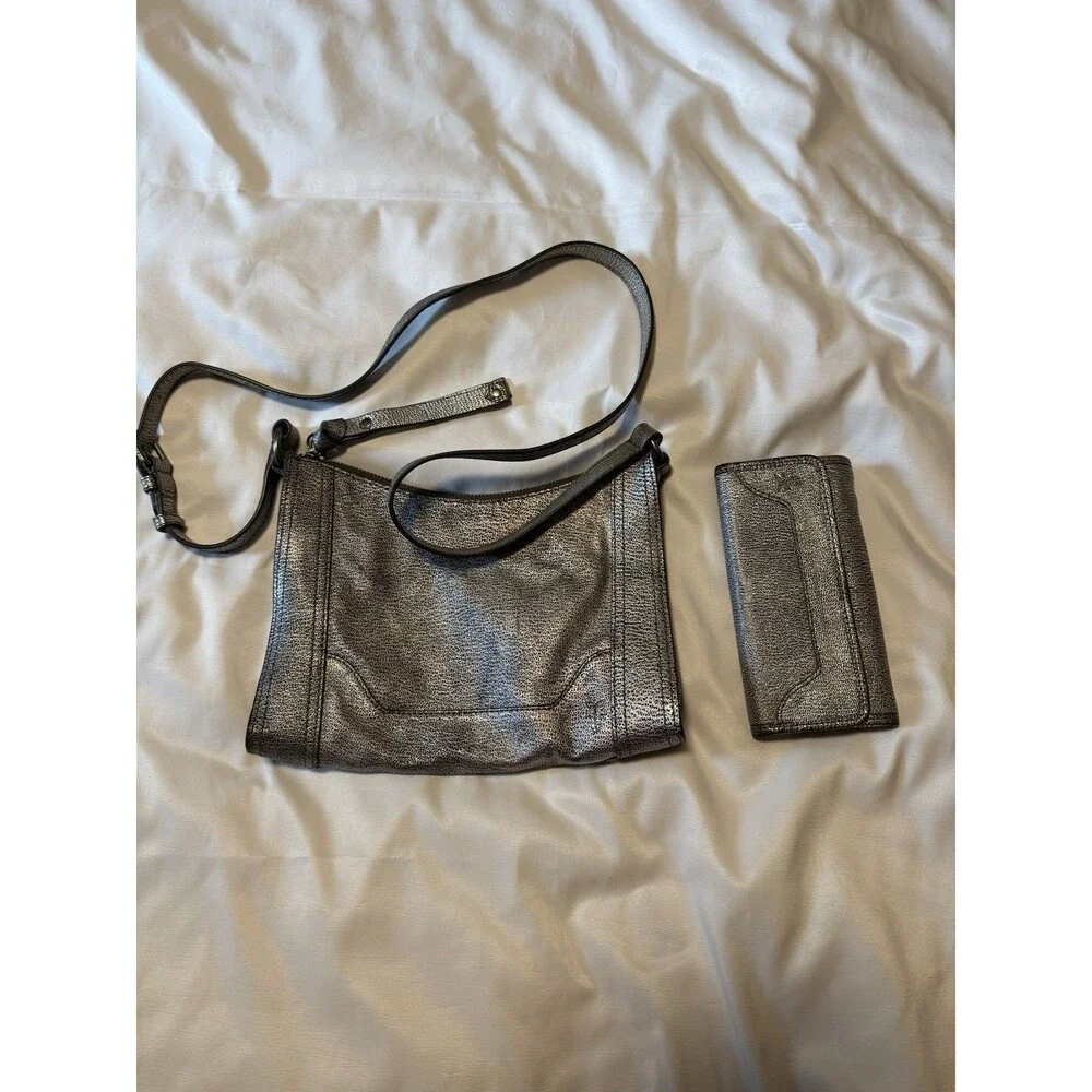 Frye Metallic Leather Crossbody Bag + Matching Wallet Pewter Silver Set